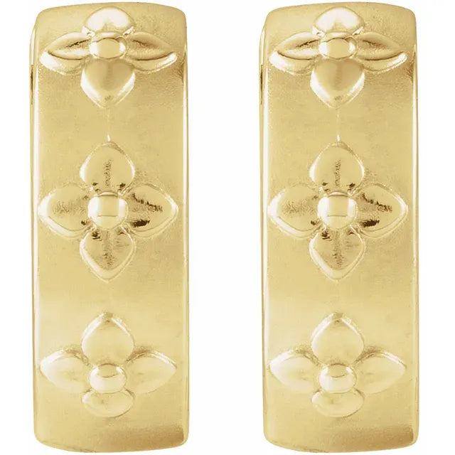 14K Yellow Gold Floral Hinged Flower Hoop Earrings Size 13.2 mm