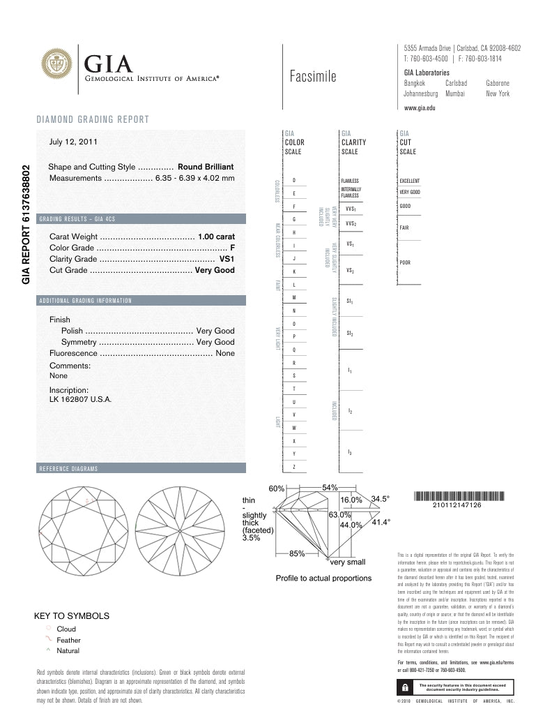 1.00 Carat Round Diamond F , VS1, TRIPLE VERY GOOD , GIA Certified 6137638802