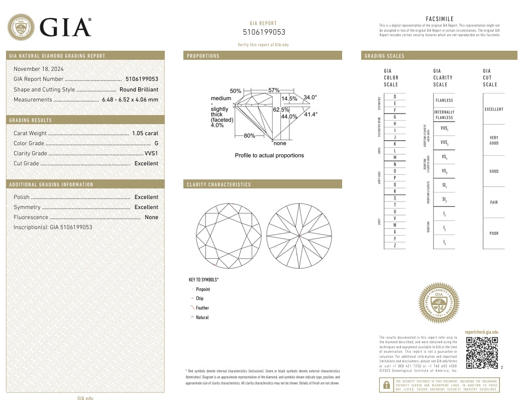 1.05 Carat Round Diamond G, VVS1 , TRIPLE EXCELLENT GIA Certified 5106199053
