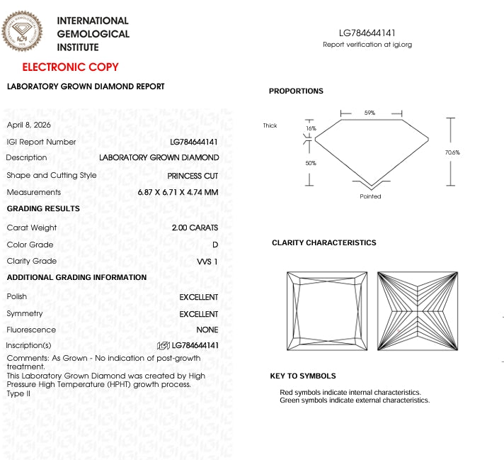 2.00 Lab Grown Princess Cut Diamond, Color D, Clarity VVS1 , EXCELLENT