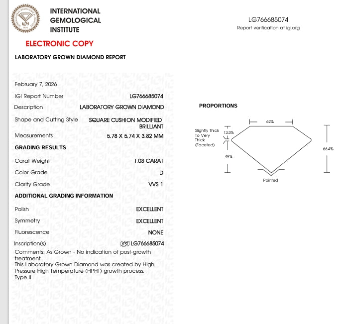 1.03 Lab Cushion Cut Diamond, Color D , Clarity VVS1 - IGI