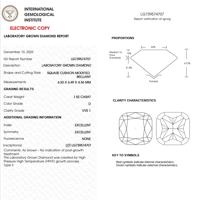1.52 Lab Cushion Cut Diamond, Color D, Clarity VVS1
