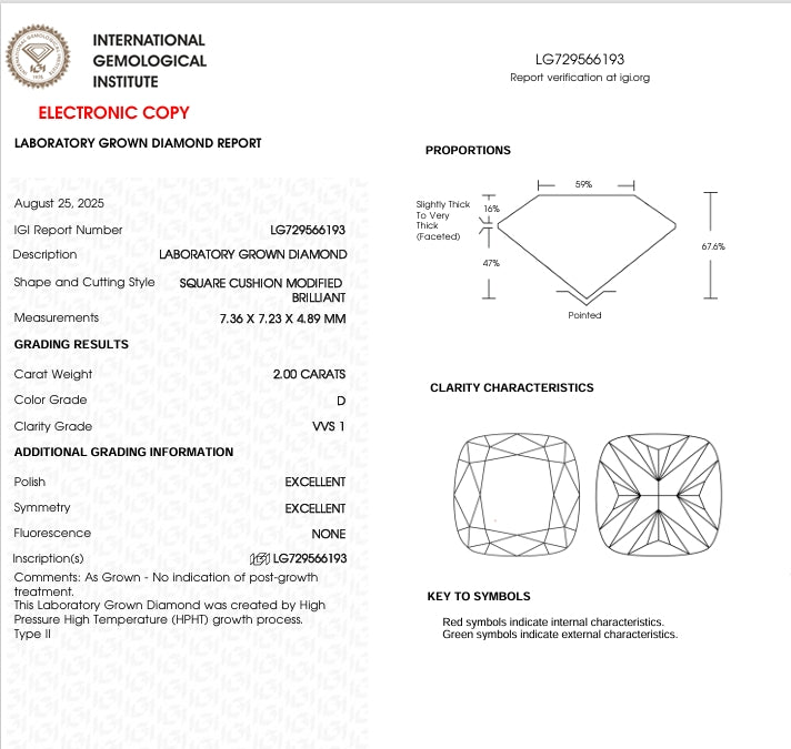 2 Lab Cushion Cut Diamond, Color D, Clarity VVS1