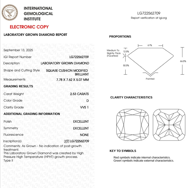 2.53 Lab Cushion Cut Diamond, Color D , Clarity VVS1 Excellent and Excellent ,