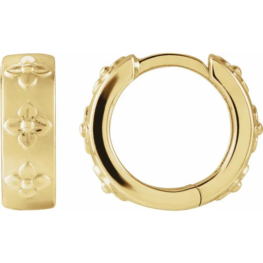 14K Yellow Gold Floral Hinged Flower Hoop Earrings Size  13.2 mm