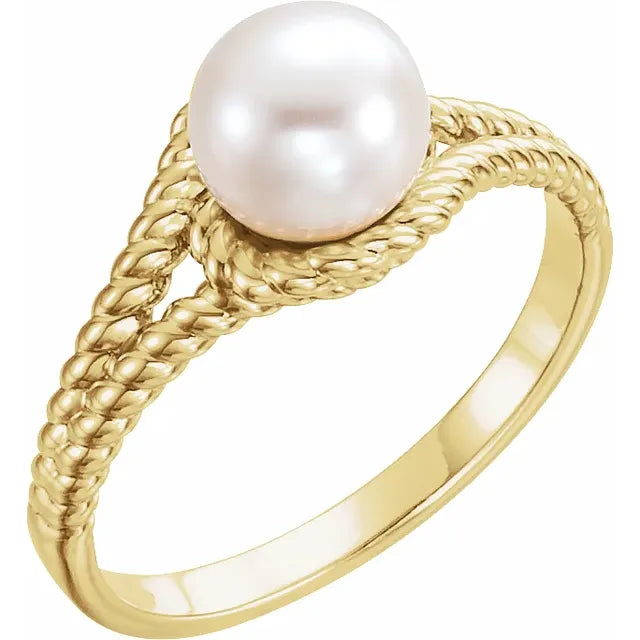 14K Yellow Gold with Cultured White Freshwater Pearl Rope Ring - Size 7