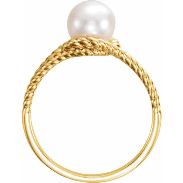 14K Yellow Gold with Cultured White Freshwater Pearl Rope Ring - Size 7