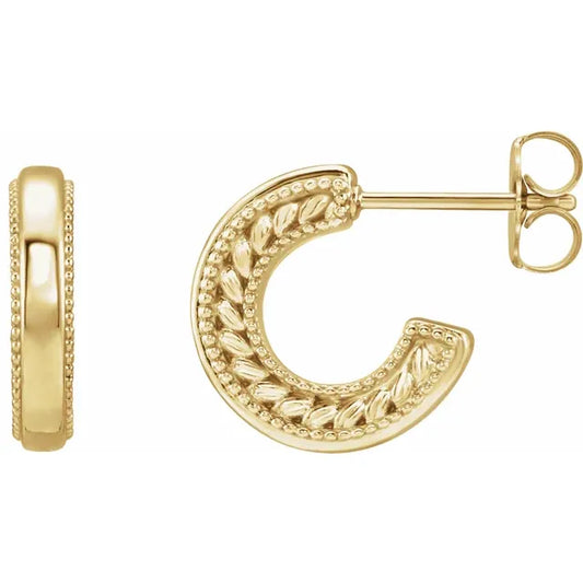 14K Yellow Gold Floral & Milgrain 12.6 mm Hoop Earrings