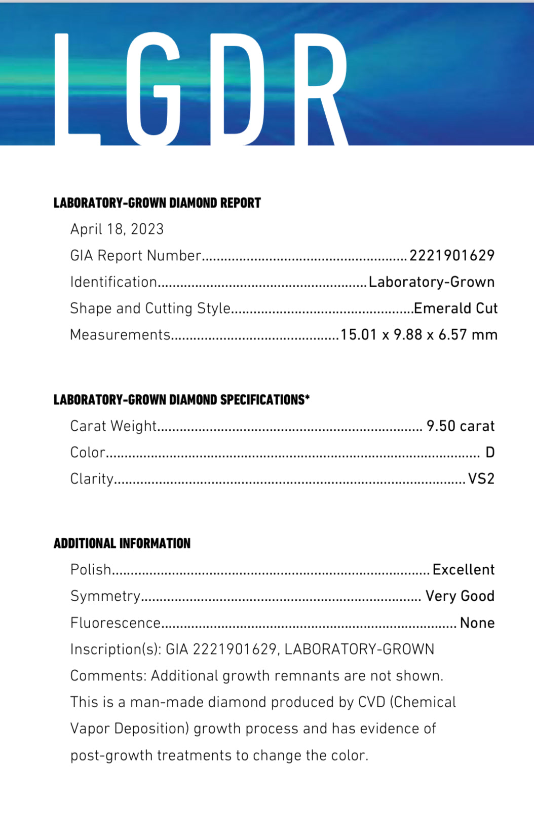 9.50 Carat Lab Grown Emerald Diamond , Color D, Clarity VS2, GIA Certificate 2221901629/  Total PRICE $18,960.00/ DEPOSITED REQUESTED