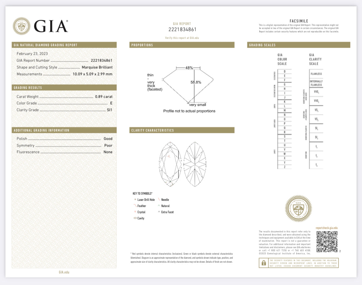 .89 carat Marquise Diamond E, SI1 , GIA CERTIFICATE 2221834861