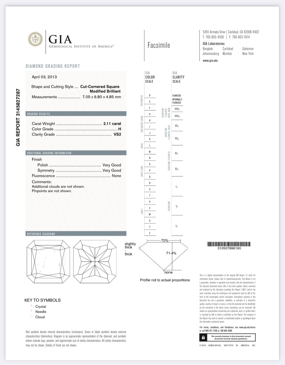 2.11 carat natural Radiant Cut Diamond Color H , Clarity VS2 , GIA 3145827287 // available in showroom Total PRICE $19,892.00/ DEPOSITED REQUESTED
