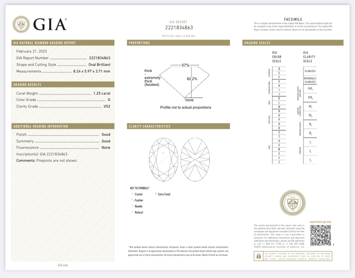 1.25 Carat Oval Cut Diamond G , VS2 , GIA Certified 2221834863