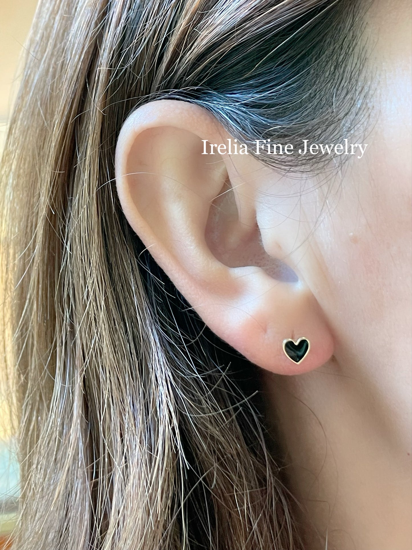 14k Yellow gold Tiny Heart Stud Earrings with Black Enamel