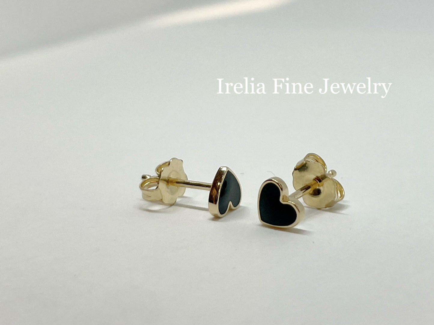 14k Yellow gold Tiny Heart Stud Earrings with Black Enamel