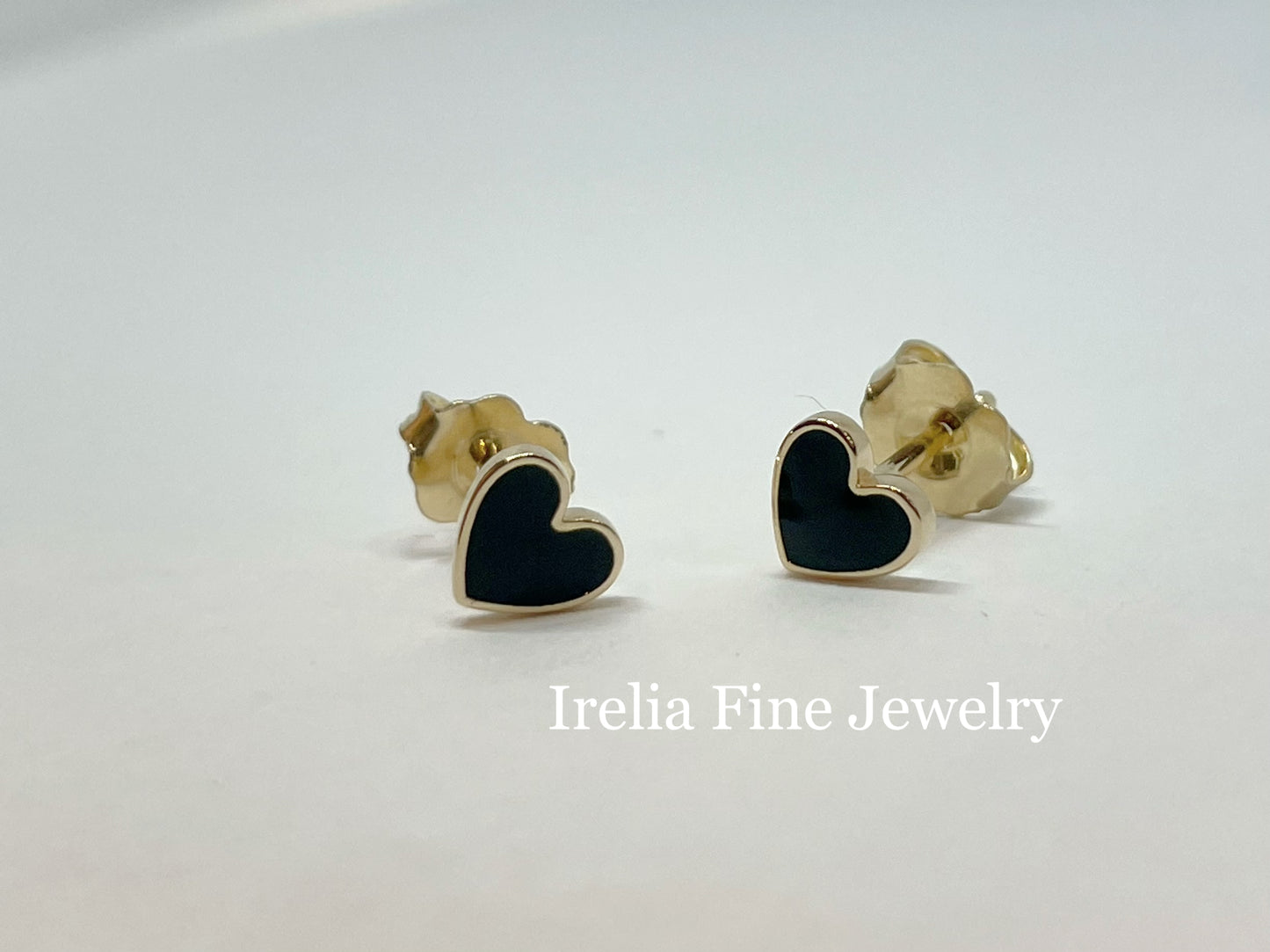 14k Yellow gold Tiny Heart Stud Earrings with Black Enamel