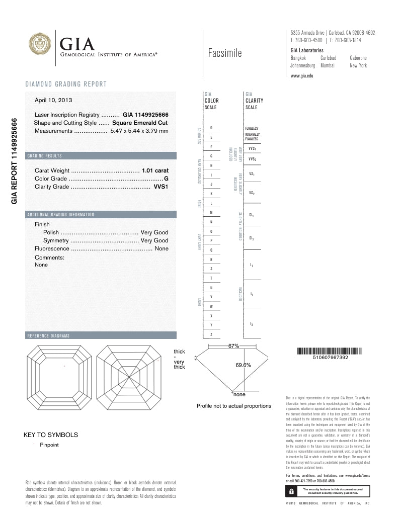 1.01 carat Asscher Cut Diamond G, VVS1 certified GIA 1149925666