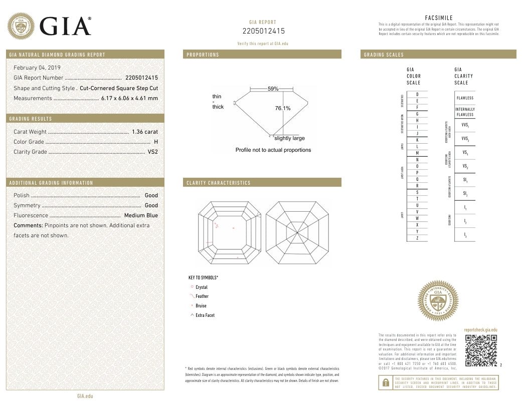 1.36 carat Assher Cut Diamond , H , VS2 , GIA Certificate 220501215