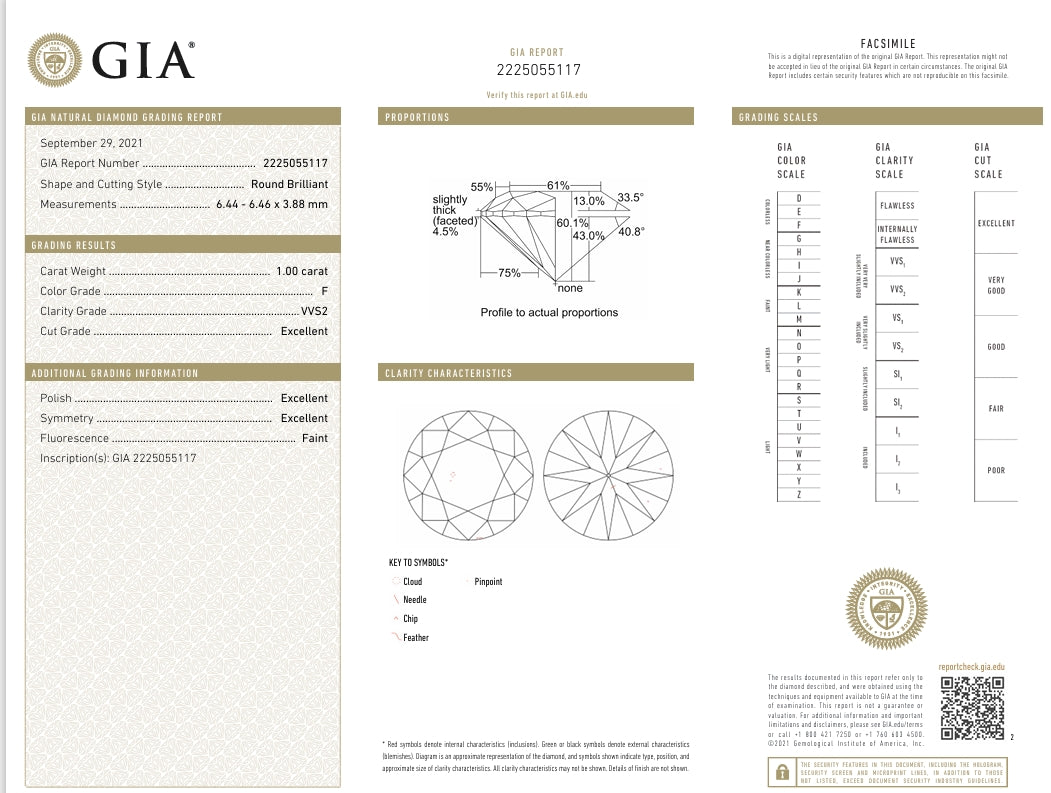 1.00 Carat Round Diamond F, VVS2 , TRIPLE EXCELLENT GIA Certified 2225055117