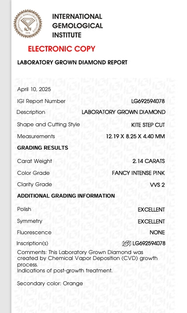 Kite 2.14ct Lab Diamond Fancy Intense Pink VVS2 EX EX - Certificate IGI