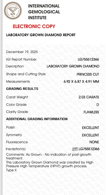2.03 Lab Grown Princess Cut Diamond, IDEAL Color D , Clarity VVS1