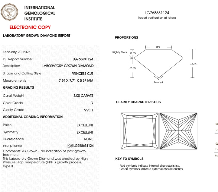 3.00 Lab Grown Princess Cut Diamond, Color D, Clarity VVS1