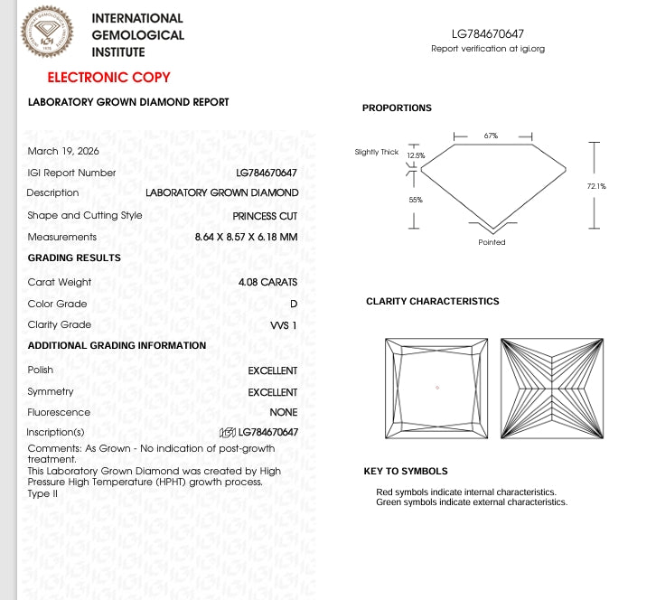 4.08 Lab Grown Princess Cut Diamond, Color D, Clarity VVS1