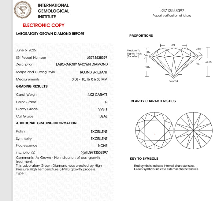 4.02 Carat Round Lab Grown Diamond, Color d, Clarity VVS1, IDEAL