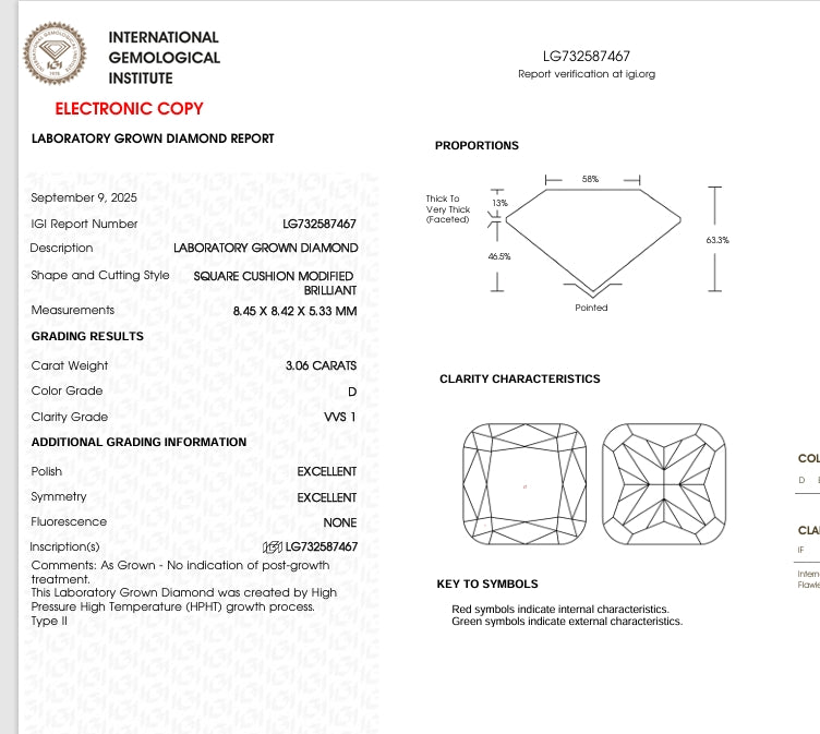 3.06 Lab Cushion Cut Diamond, Color D, Clarity VVS1