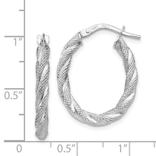 14K Gold White Gold Twisted Textured Oval Hoop Earrings