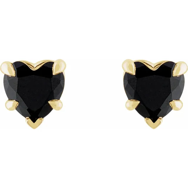 14K Yellow Gold Heart Black Onyx Stud Earrings