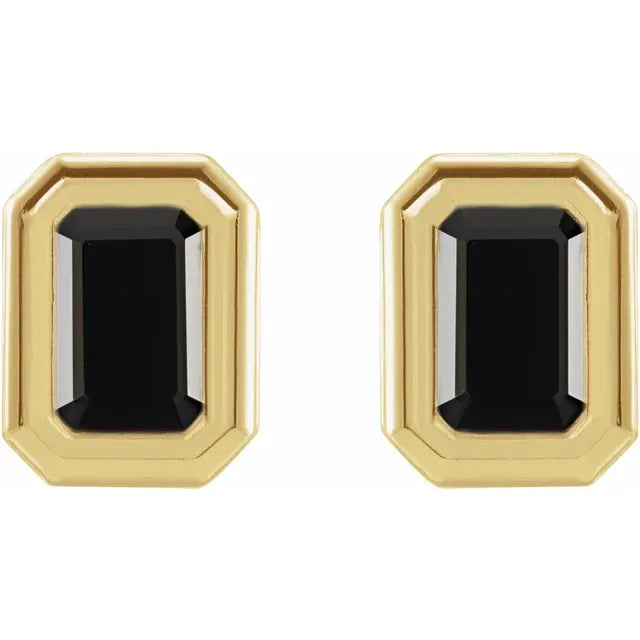 14K Yellow Gold Natural Black Onyx Emerald Cut Stud Earrings