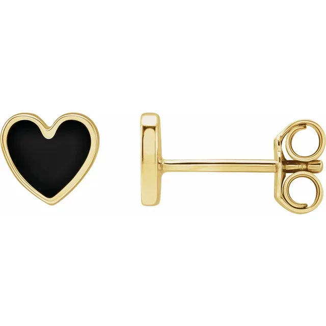 14k Yellow gold Tiny Heart Stud Earrings with Black Enamel