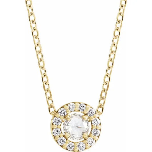 14K Yellow 1/8 CTW Rose-Cut Natural Diamond Halo-Style, comes with adjustable 16-18" Necklace