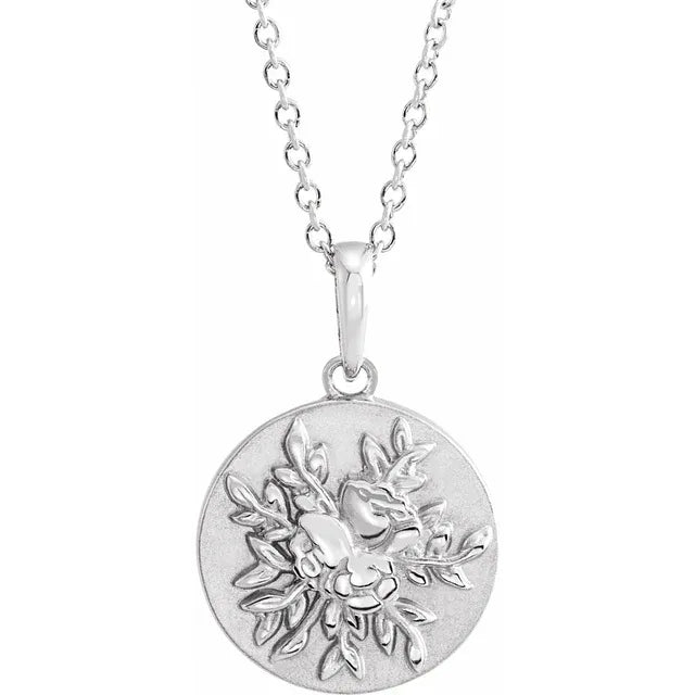 14k White Gold Floral Disc Pendant, with 14k Gold Chain