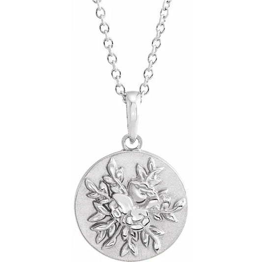 14k White Gold Floral Disc Pendant, with 14k Gold Chain