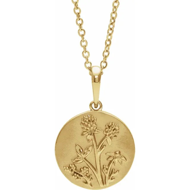 14k Yellow Gold Floral Disc Pendant, with 14k Gold Chain