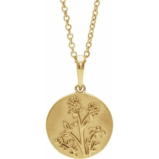 14k Yellow Gold Floral Disc Pendant, with 14k Gold Chain