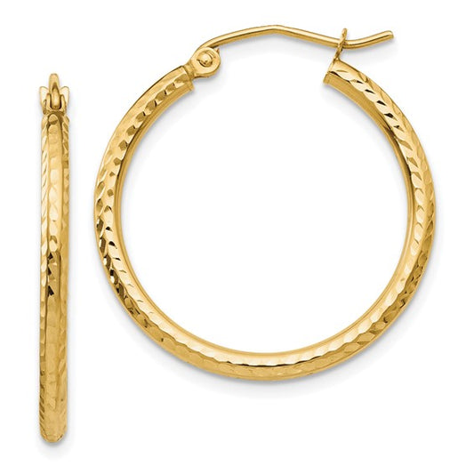 14k Yellow Gold Diamond cut 2mm Round Tube Hoop Earrings