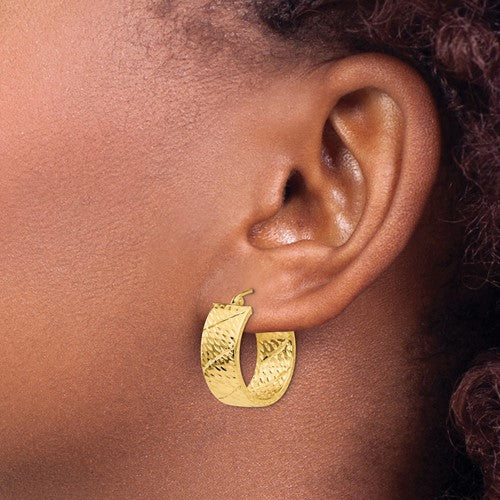 14k Yellow Gold Polished & Textured Hoop Earrings, Size length 20 mm Wide 8 mm