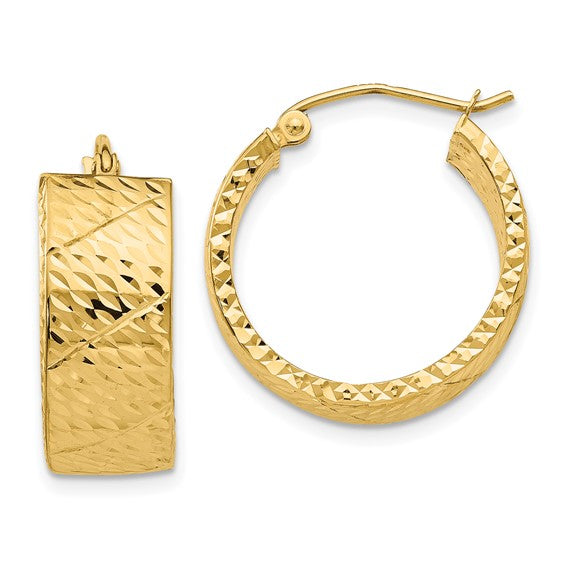 14k Yellow Gold Polished & Textured Hoop Earrings, Size length 20 mm Wide 8 mm