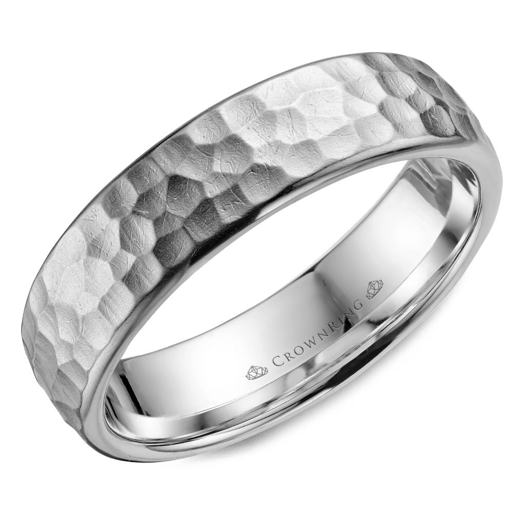 CrownRing Collection - 14k White Gold 6mm Hammered textured center band