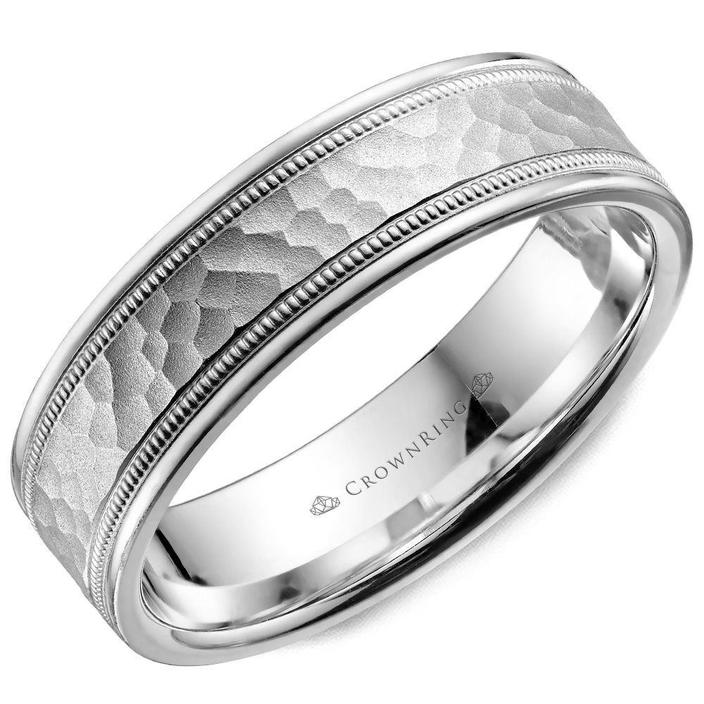 CrownRing Collection - 18k White Gold 6 Hammered Finish With Migraine Detailing