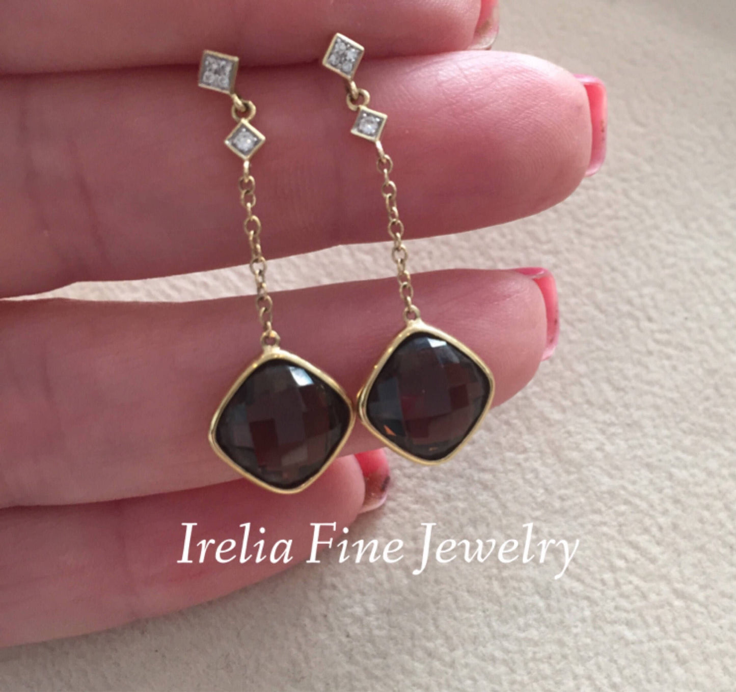 14K Yellow Gold Earrings Checkerboard Cut Smoky Quartz & .05ct Diamond