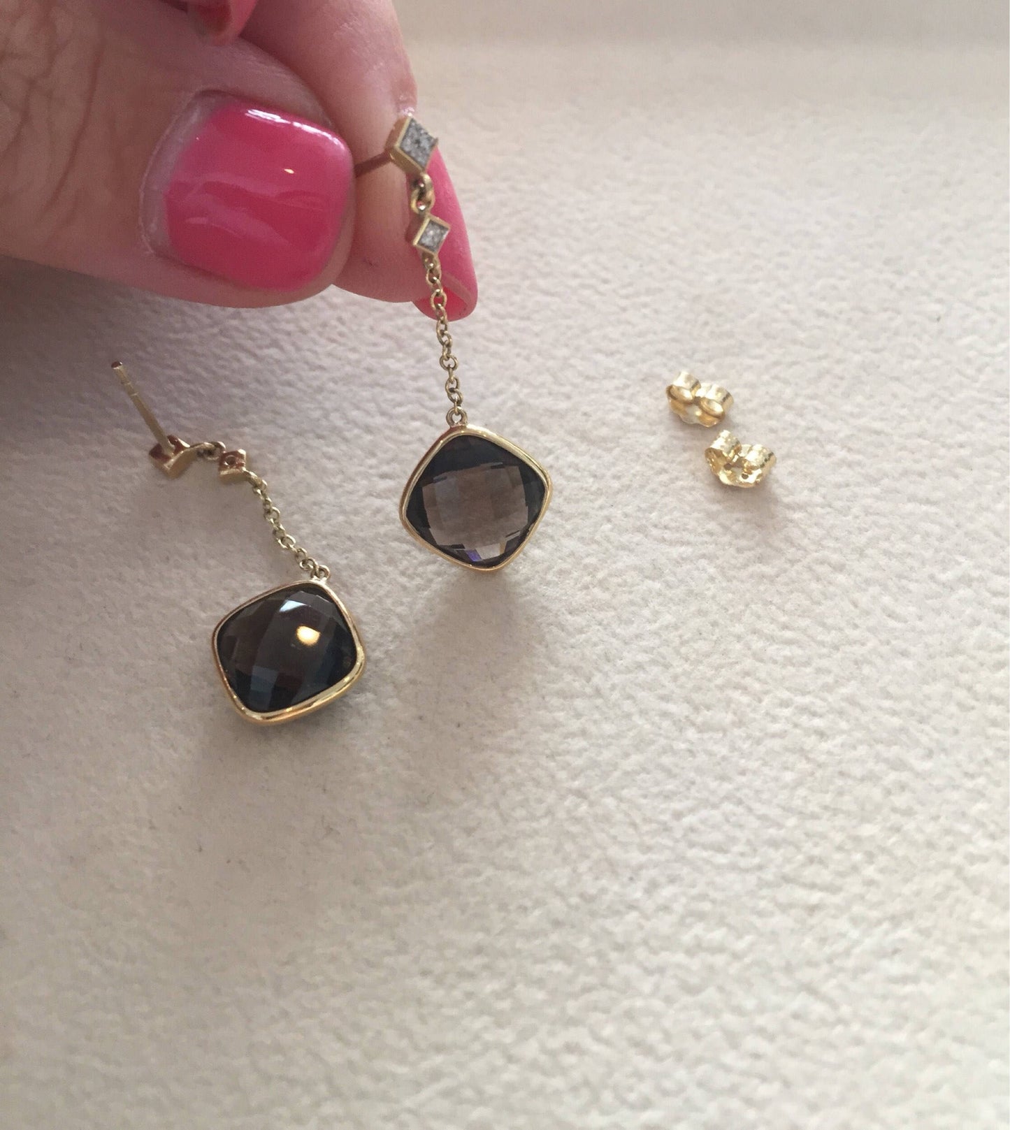 14K Yellow Gold Earrings Checkerboard Cut Smoky Quartz & .05ct Diamond