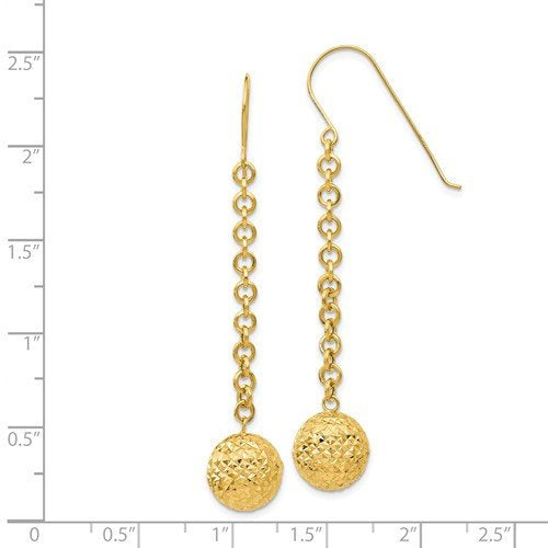 14k Yellow Gold Diamond Cut Bead Ball Dangle Earrings