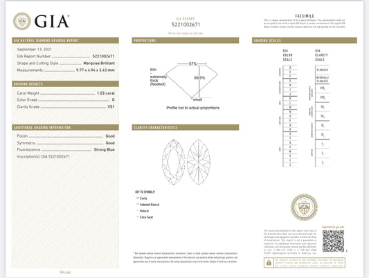1.03 carat Marquise Diamond G, VS1 , GIA CERTIFICATE 5221002671