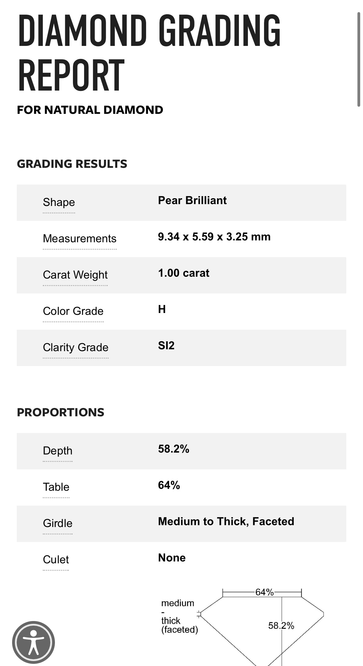 1.00 Carat Pear Shape  Diamond H, SI2 , GIA Certified 6204496875