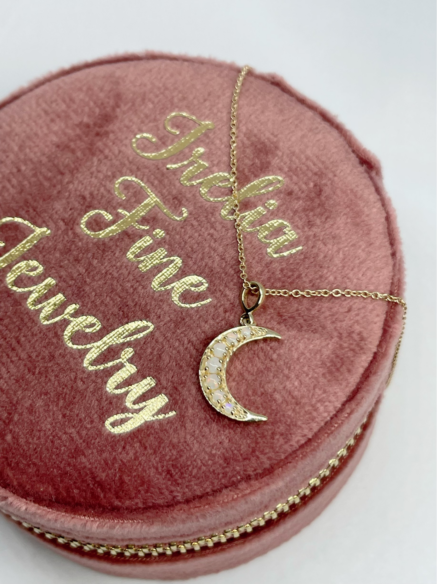 14K Yellow Gold Natural White Opal Cabochon Crescent Moon, comes with 14k yellow gold adjustable chain