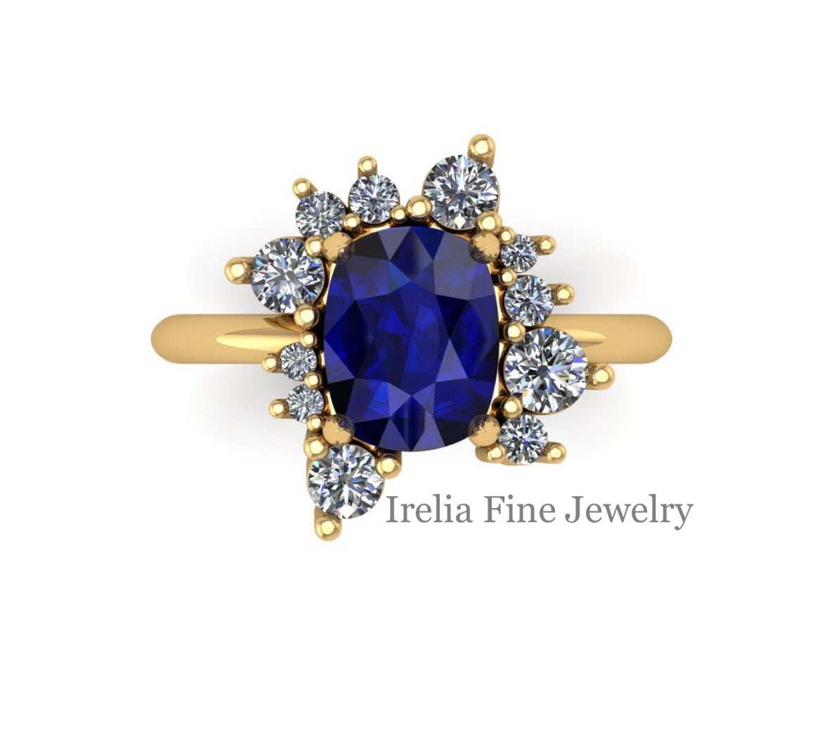 Custom14k Yellow Gold 3 Carat Sapphire Ring & Cluster Diamonds Ring