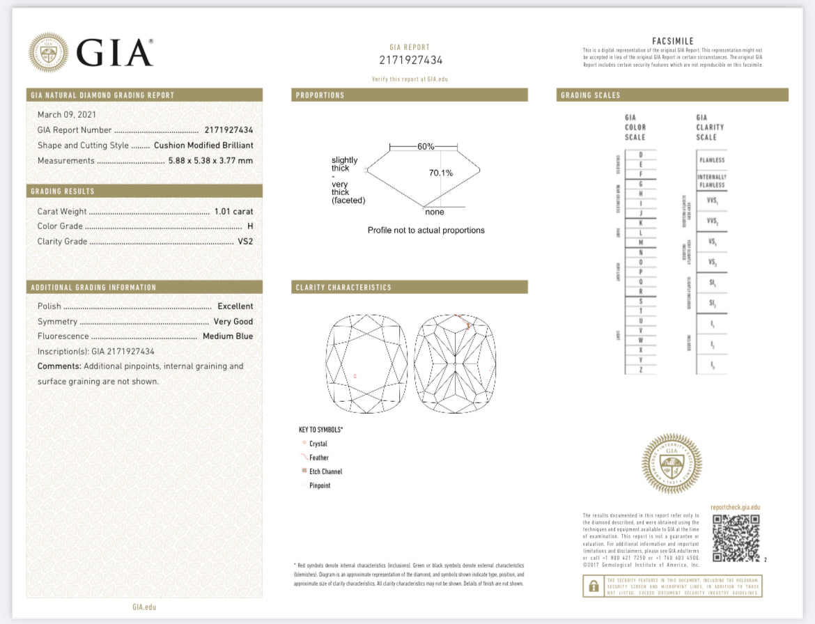 1.01 Carat Cushion Cut Diamond H , VS2 , GIA Certified  2171927434